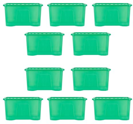 Wham Crystal 10x 60L Plastic Storage Boxes with Lids. Clear, Large, Strong (Pack of 10, 60 Litre) Made in the UK (Tint Leprechaun Green)