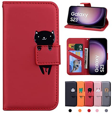 Rostsant Custodia Samsung Galaxy S23 Cover in Pelle PU Samsung S23 5G Portafoglio Flip Custodia a Libro Cover Per Samsung Galaxy S23 5G - Gatto Rosso
