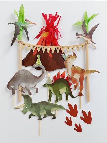 100% hand made paper Jurassic Dinosaur cake topper T rex jungle forest animal style boys birthday cake decoration topper