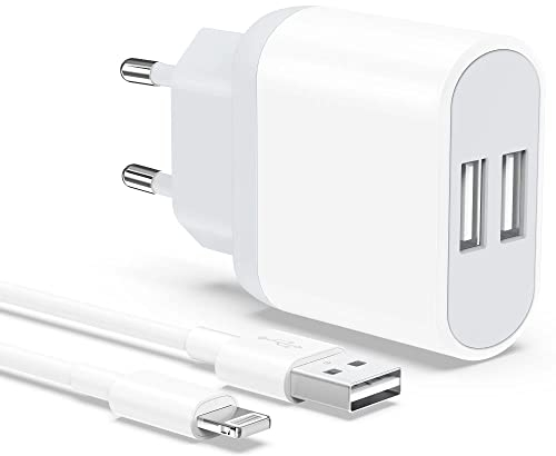 Chargeur for iPhone, Prise USB avec Cable 2M pour iPhone 8 7 6 6S Plus XR X XS 11 12 13 14 Pro Max Mini SE 5 5S, Pad, 2-Pack 5V 2.1A Double USB Charger Adaptateur Secteur Mural Alimentation Nisiyama