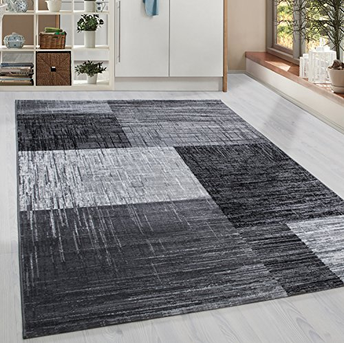 HomebyHome Teppich Wohnzimmer 140x200 cm Schwarz und Grau Moderne Kariert Design - Esszimmer und Schlafzimmer Teppich Kurzflor Teppiche Extra Weich Pflegeleicht - Carpet Living Room