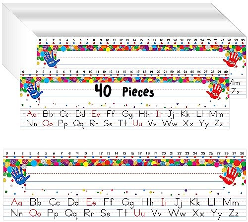 40 PCS Desk Nameplates, Waterproof Confetti Desk Name Tags with Alphabet, Number Line 1-30 Erasable and Reusable Traditional Manuscript Name Plate for Classroom School Student (12” x 3.5”)