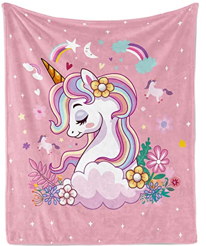 Kuscheldecke Baby Einhorn, Flauschig Einhorn Babydecke für Mädchen, Weich Plüsch Rosa Blume Einhorn Wohndecke Flanell Fleece Decke Geschenk für Neugeboren Kleinkind Sofadecke Couch Decke, 75x100cm