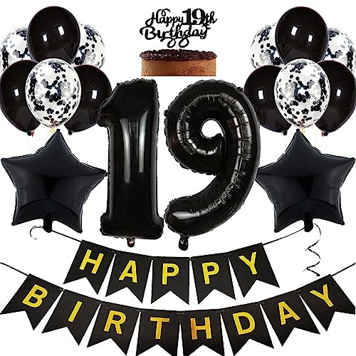 Feelairy Geburtstagsdeko 19 Jahre Junge, Luftballon 19. Geburtstag Deko Mädchen, Schwarz Gold Tortendeko Happy 19th Birthday Deko 19 Jahre Mädchen, Ballon 19. Geburtstag Party Dekoration Set