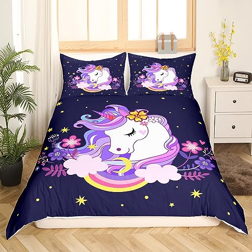 Einhorn Bettwäsche Kids Bettwäsche Einhorn 155x220 Mädchen Lila Einhorn Kinderbettwäsche Blumen Pferde Bettwäsche Set Rosa Gelb und Regenbogen Unicorn Bettbezug mit Reißverschluss Einhornbettwäsche