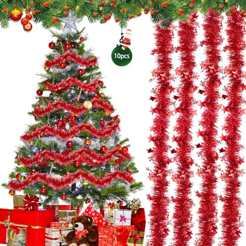 Frasheng 10Stück 2M Weihnachtsbaum Lametta Girlande,Girlande Weihnachten,Weihnachtsdeko Girlanden,Glänzende Weihnachtsgirlande,Girlande Hängende Dekoration für Tür Fenster Kamine Treppengeländer(Rot)