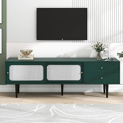Merax Lowboard TV Board, TV Schrank mit 2 Schubladen, 2 Schiebetüren und 4 Fächer, Landhausstil, Metallfüße, Kunststoff-Rattan, Fernsehschrank für Wohnzimmer Esszimmer, 160 x 40 x 60 cm, Grün