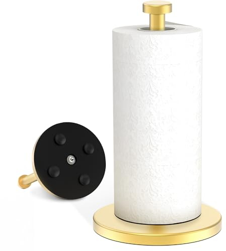 VEHHE Küchenrollenhalter Gold, Küchenrollenhalter Stehend mit Gewichteter Basis Saugnapf, Küchenpapierhalter für Arbeitsplatte, Küchenrolle Halter für Standard und große Rollen Küche Organisation