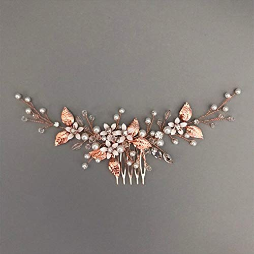 BERYUAN Women Wedding Rose Gold Leaves Flower Rhinestone Pearls Hair Comb Wedding Hair Comb Flower Leaves Pearl Bridal Headband Rose Gold Bridal Hair Accessories for Wedding Women Girls (rose gold)