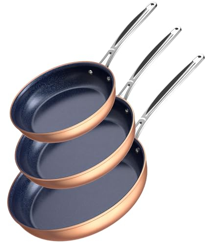 Nuwave Set di 3 padelle forgiate leggere da 20,3 cm, 25,4 cm, 30,5 cm, in ceramica Duralon Blue G10, ultra antiaderenti, ergonomiche, pronte per induzione, funzionano su tutti i piani cottura