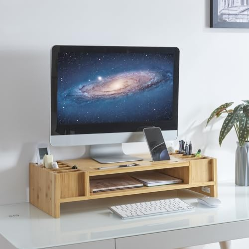 [en.casa] Monitorständer Hartola Schreibtischorganizer mit offenem Ablagefach Bildschirmerhöhung für PC Laptop Monitorerhöhung Bambus Schreibtischaufsatz 65 x 28 x 15 cm
