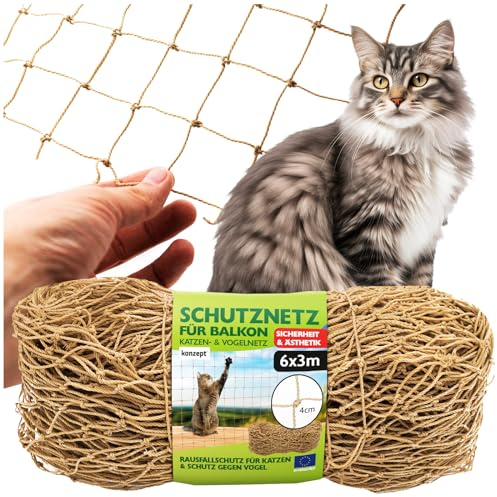 KONZEPT Katzennetz in Beige 6x3m - Strapazierfähiger Balkonschutz und Fensterschutz für Katzen, Verschiedene Größen, Ideal für Balkon, Fenster, Freigehege
