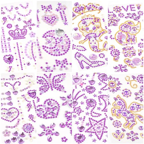 Glitzersteine Selbstklebend, 8 Blätter Strasssteine Selbstklebend, Acryl Bunt Sticker Glitzer, Einhorn Geschenke Mädchen Geschenke 5 6 7 8 9 Jahre für DIY Trinkflasche Baseballkappe (Violett)