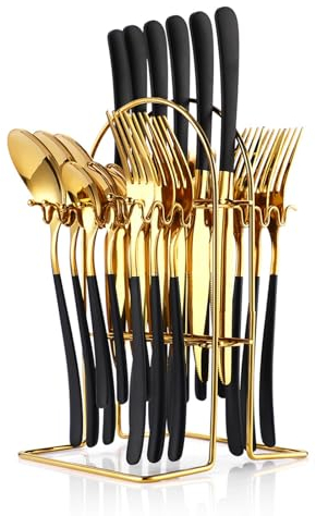Amazon Basics 24-Piece Stainless Steel Cutlery Set with Holder & Mirror Gold Finish - Service for 6, Plus Hanging Stand (Black, Gold) with Spoons, Forks and Knives