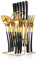 Amazon Basics 24-Piece Stainless Steel Cutlery Set with Holder & Mirror Gold Finish - Service for 6, Plus Hanging Stand (Black, Gold) with Spoons, Forks and Knives