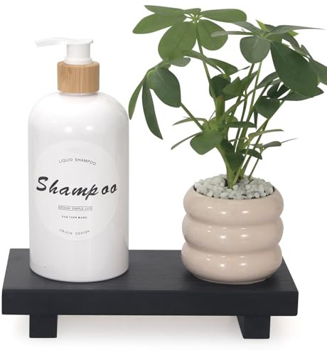 Black Bathroom Vanity Organizer Tray for Countertop Small Wooden Pedestal Stand Farmhouse Kitchen Sink Tray Decorative Hand Soap Dish Dispenser Holder Wood Risers Modern Bathroom Decor Accessories