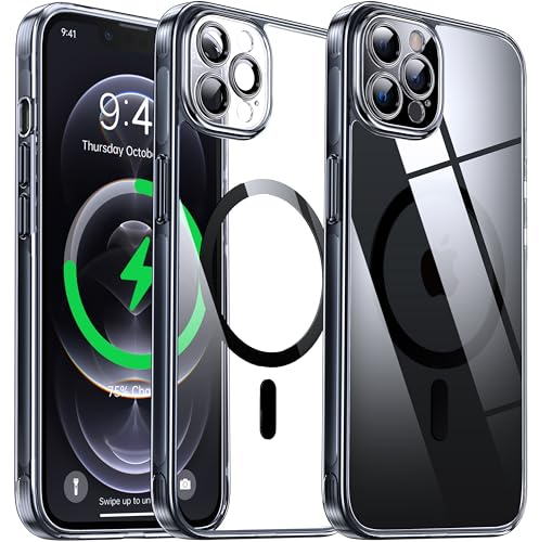 Flyzoo Clear Magnetic Case for iPhone 12 Pro Max (6.7'') Compatible with MagSafe & Camera Protector, [Non-Yellowing] [Shockproof & Antiscratch Protection] Hard Transparent Cover with Silicone, Black
