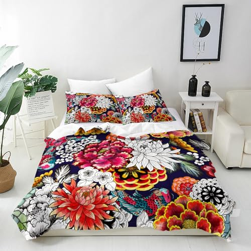 ANHOPE Florale Fisch Karpfen Bettwäsche Set 3 Teilig Weich Bettbezug 200x200 cm & 2 Kissenbezug 80x80 cm Microfaser Bettbezüge Set mit Reißverschluss Bettdeckenbezug für Kinder Mädchen