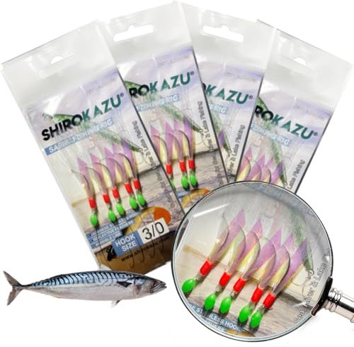 SHIROKAZU Reflective Mackerel Feather Lures - Anti-Rust Steel Hooks, Versatile Use for Freshwater & Saltwater Fishing - 5 Hooks Each, Ideal for Sea Bass, Trout, Perch, Carp (Reflective x4 Packs)