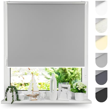 Tom'Shop Verdunkelungsrollo Klemmfix Ohne Bohren Grau 40cm x 130cm | Thermorollo Blackout Klemmrollo Fensterrollo Seitenzugrollo mit Klemmträger für Hitzeschutz Lichtschutz Sichtschutz