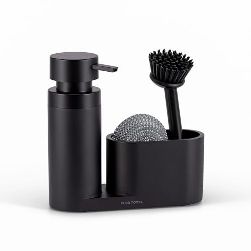 Organizzatore lavello nero | Dispenser sapone cucina moderno incluso spugna antigraffio e spazzola inox | Design opaco elegante per cucine minimaliste