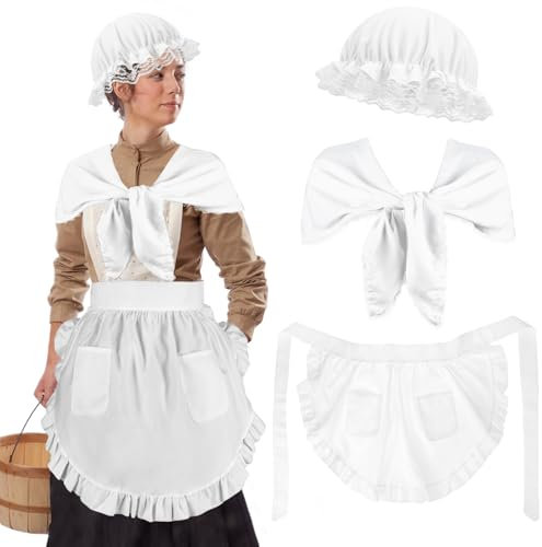 XEPST Ensemble de Costumes Coloniaux pour Femmes - Ensemble d'Accessoires de Costumes de Pèlerin 3PCS avec Bonnet de Foule Blanc Bonnet Châle Tablier Costume de Femme de Chambre pour Halloween Cosplay