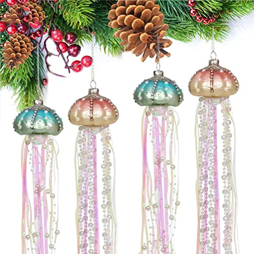Topyond Hängende Quallen-Dekorationen, 4 Stück Glasperlen-Quallen-Ornamente, DIY Seeglas-Anhänger, Weihnachtsbaum-Hängedekoration, für Urlaubs- und Heimdekoration
