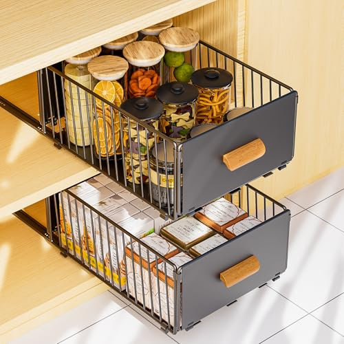 Sancen Teleskopschublade, Ausziehbare Schublade KüChe,KüChenschrank Organizer für KüChenschräNke, Schubladen Organizer,Kein Bohren und Nageln Erforderlich KüChenschublade (Schwarz, 25CM)