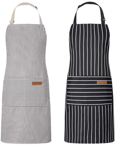 Livdouyu 2 Stück Schürze Kochschürze Damen Verstellbare Küchenschürze mit Taschen Männer Kittelschürze Baumwolle Schwarz Grau Schürze zum Kochen, Malen, Backen, Hausarbeiten