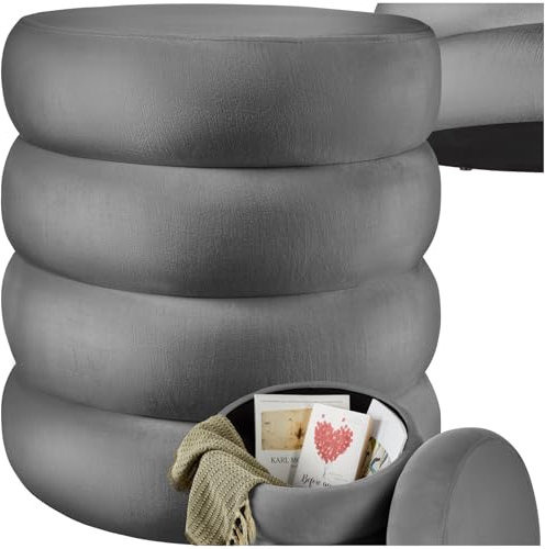 tectake® Hocker mit Stauraum, Scandi Sitzhocker Samt Stoff, Pouf, Polsterhocker rund für Schminktisch, Wohnzimmer Möbel, als Flur Möbel, Stauhocker Wohnen, Ø 42 x 47 cm - Samtoptik grau