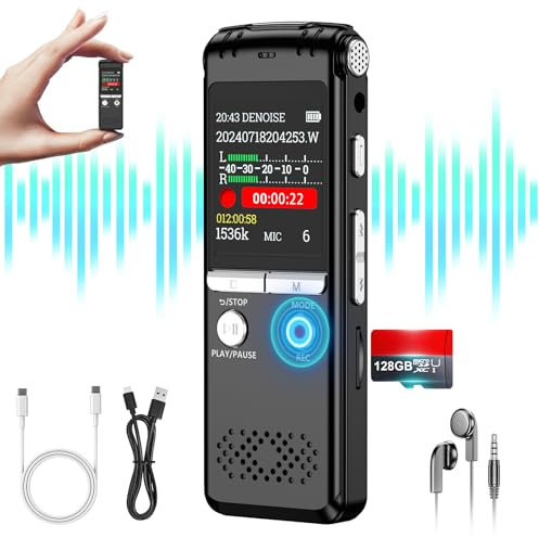128GB Digital Voice Activated Recording Device, 1536Kpbs Diktiergerät Aufnahmegerä mit Playback, Intelligente Geräuschunterdrückung, Voice Recorder für Meetings, Klassen, Interview, Vortrag, MP3