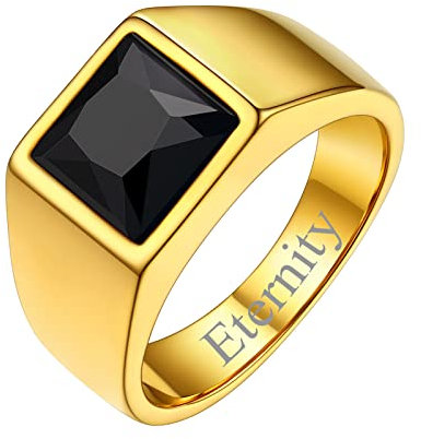 FindChic Herren Ring mit Gravur aus Edelstahl 8MM Schwarzem Stein Bandring Schwarzer Onyx Biker Ring Achat Pinky Daumen Ring für Männer Personalisierter Schmuck, Größe 65, Gold