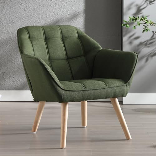 Ya-Home Akzentstuhl Sessel, Gepolsterter Armlehnstuhl Lesestuhl mit Holzbeinen aus Leinen, Lesestuhl Einzelsofa Fernsehsessel für Wohnzimmer Schlafzimmer Lounges, Grün