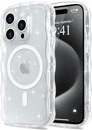 Pepmune for iPhone 15 Pro Max Case Clear [Compatible with Magsafe] Bling Sparkle Glitter Magnetic Cover,Soft TPU Curly Wavy Frame & Hard PC Back,Slim Shockproof Wave Phone Case for Women Girls
