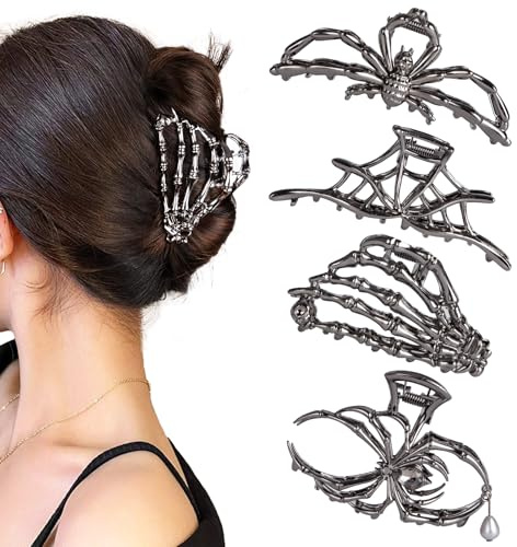 Muorruo 4 Stück Haarklammern mit Spinnennetz-Skeletthand und Totenkopf, Hiphop-Metall, groß und mittelgroß für dickes, dünnes Haar, Haarspange zum Stylen von Haarschmuck, Partygeschenk
