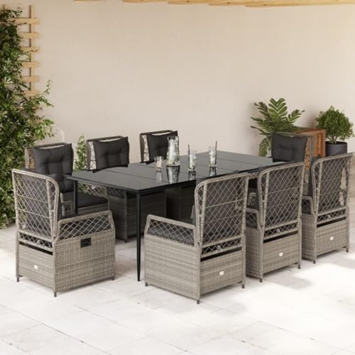 Teenpull 9-TLG. Garten-Essgruppe mit Kissen Hellgrau Poly Rattan, Verstellbare Sessel, 200x100cm Gartentisch aus Glas, für Terrasse, Balkon
