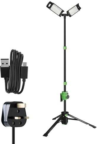 Lighthouse Beacon Rechargeable Site Light AC/DC Power – 240V 10000lm LED Work Light with Rotating Heads & Tripod, Foldable, 3 Lighting Modes, USB Outputs & Included Mains Cord, USB-C Cable & Carry Bag
