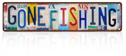 Gone Fishing Metal Signs, Vintage License Plate Style Tin Signs for Man Cave, Rustic Fishing Gifts for Men, Funny Metal Wall Art for Home Bar and Garage Decor, 40×10cm/15.75×3.94in