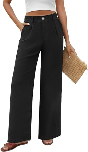 PASUDA Hose Damen Sommer Weites Bein Freizeithose Hight Waist Geradem Sommerhose Leichte Bequeme Lässige Anzughose Hosen Lang mit Taschen, Knopfleiste (Schwarz, XL)