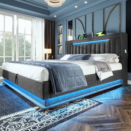 SURUEO 6ft Upholstered Bed Frame with Storage | LED Lighting Headboard with USB Type-C Charging Ports | Super Size Hydraulic Lift Up Ottoman Bed, Gray Linen Fabric, Metal Slatted Base | No Mattress