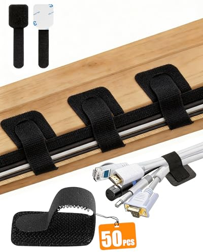 Acual 50 Organizador de Cables Escritorio Gestión Cables Adhesiva Negro | 50 Bridas Adhesivas Reutilizables para Ordenar Cables de Escritorio, TV y Oficina con Ajuste Fácil y Diseño Flexible.