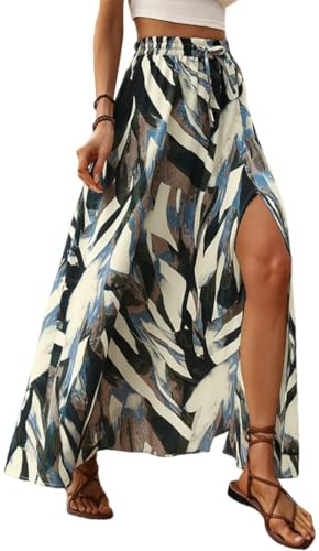 EIRUKON Gonna Lunga Donna Estiva Elegante Vita Alta Gonne con Spacco Bohemien A Linea Elastico Gonne Lunghe Casual Swing Spiaggia Vacanze Maxi Skirt