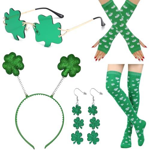 VyxStelyndric St. Patrick's Day Kostüm Zubehör - 5er mit Vierblättrige Kleeblatt Partybrille Grüne Kleeblatt Haarreif Ohrringe Kniestrümpfe Handschuhe Gesichtstattoo, Accessoires für Damen Mottoparty