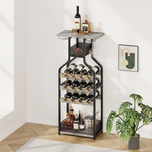 JOLLYTOP Freistehendes Weinregal Aus Metall & Holz – Eck-Weinständer Mit Ablagen, Mini Bar Tisch Mit Glashalter – Rustikaler Flaschenhalter Für Wohnzimmer & Esszimmer
