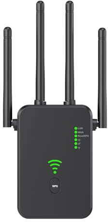 Ripetitore WiFi Potente per Casa, Amplificatore WiFi 300 Mbps con 4 Antenne,Amplificatore Segnale WiFi, Modalità AP/Repeater/Router, WPS, per Streaming Gaming(nero)