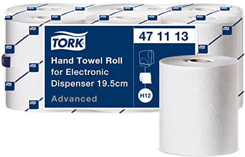 Tork 471113 Toallas de papel para manos en rollo, para sistemas de sensores H12/H13, para dispensadores electrónicos de rollos de toallas, resistentes al desgarro, 2 capas, blancas, 6 rollos x 143 m