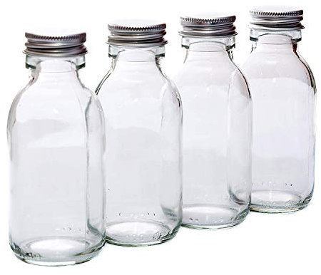 ANCROWN Pack of 4 Bottles with Silver Screw Caps - Clear Glass - 100ml Perfect for Skin Care Products, Herbs, Spices.