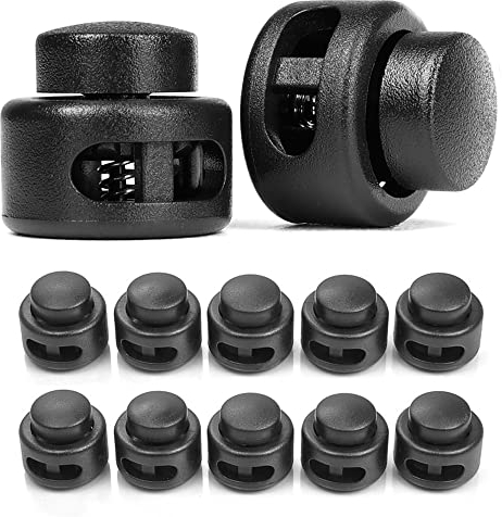 Ganzoo Kordelstopper 2-Loch 4mm rund,10 Stück, Federverschluss Druckknopf, Tanka, Kordelklemme für Seile, Schnürsenkel, Kordeln, Schnur, Rucksack, Schnellverschluss, Seilstopper, Kunststoff, schwarz