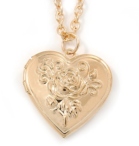 Avalaya Medium Gold Tone Heart with Rose Motif Locket Pendant - 44cm L/ 6cm Ext