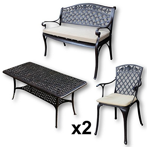 Lazy Susan | Claire Rechteckiger Garten Beistelltisch mit 1 x Rose Gartenbank und 2 x Rose Stühlen | Gartenmöbel Set aus Metall, Antik Bronze | Rostschutz | (Beige Kissen)